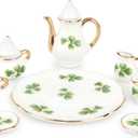 Dollhouse 1:6 Porcelain Tea Cup Sets 8 Pcs Set Miniature Ceramics Dollhouse Accessories Flower Pattern Teapot Platter Dish Sets Dollhouse Kitchen Supplies Decoration (Lucky Clover)