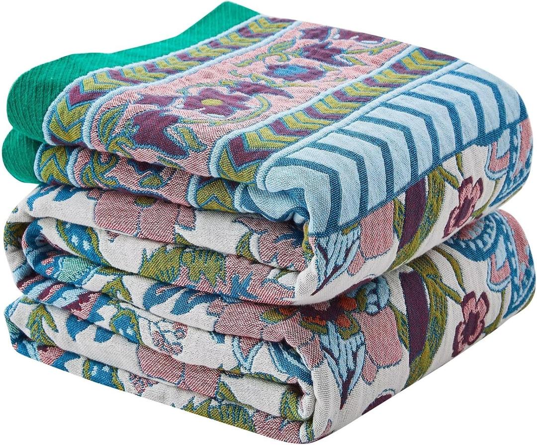 Boho Blanket Soft Muslin BohoThrow Blanket, 100% Cotton Floral Printed Farmhouse Decor All Season Reversible Rustic Throw for Sofa Couch Chair (White, 50"x60")