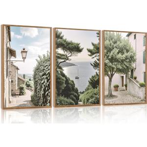 Aurlan Neutral Italy Cityscape Gallery Framed Wall Art(16"x24"), 3PCS Vintage Mediterranean Countryside Landscape Canvas Artwork, Large Town Coast Streets Travel Decor Prints for Office Home