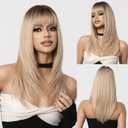 Layered Ombre Blonde Wigs Human Hair Long Straight with Bangs for Women Lightweight Glueless Natural Look (blonde 20inch,Long)