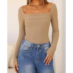 ZESICA Women's Long Sleeve Shirts Spring Fashion Square Neck Slim Fit Basic Going Out Tops Trendy Outfits, Size: S