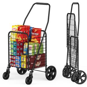 Grocery Shopping Cart with 360 Rolling Swivel Wheels, 110LBS Capacity Heavy Duty Collapsible Utility Cart, Light Weight Trolley for Laundry,Groceries,Travel (Medium, Black)