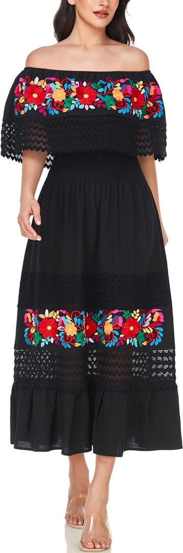 YZXDORWJ Women Mexican Dress Floral Embroidered Peasant Casual Sexy Lace Off-Shoulder Long Maxi Wedding Dress (XXXL, 348BK)