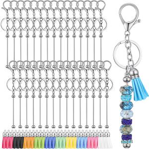 30 Pcs Beadable Keychains Bars with 30 Pcs Colorful Tassel Strips Bulk DIY Blank Beaded Keychain for Women Men DIY Crafting Pendant Jewelry Making
