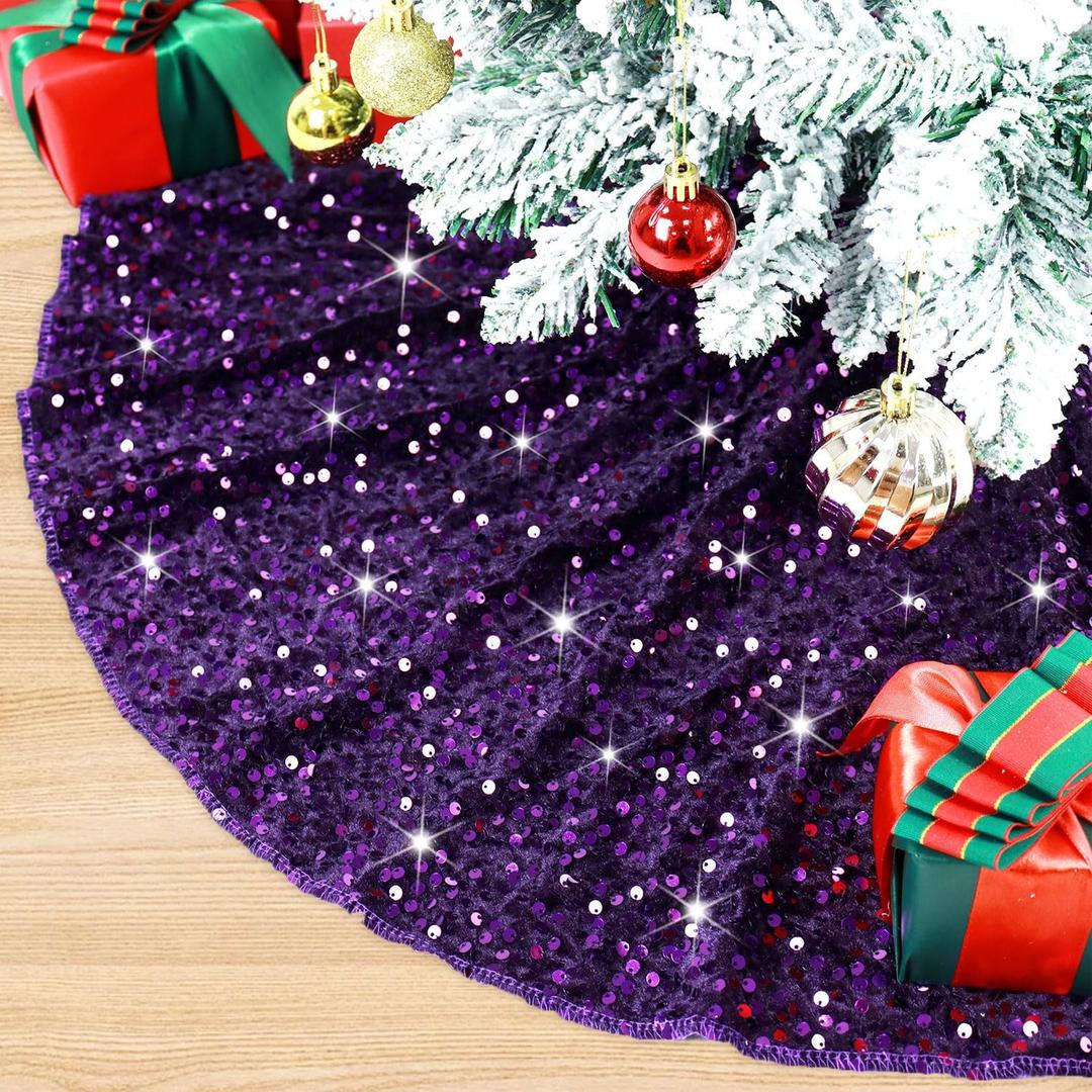 Purple Christmas Tree Skirt Large Christmas Tree Skirts 60 Inch Glitter Sequin Velvet Tree Skirt Christmas Decorations Sparkly Tree Floor Mat Xmas Tree Skirt Collar for Holiday Party Decor