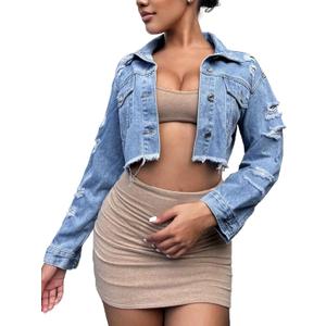 FairBeauty Women's Washed Distressed Denim Jacket Long Sleeve Ripped Button Up Cropped Jean Jacket (D-Blue, Large)