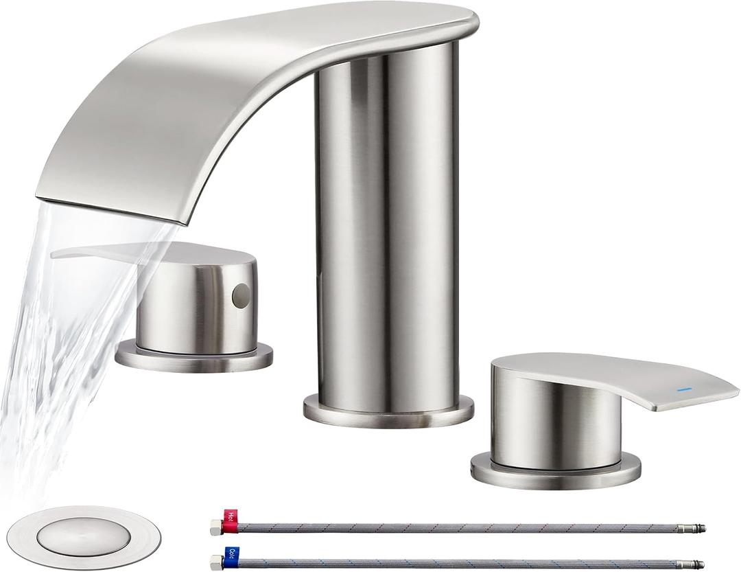 Ultimate Unicorn 8 inch Bathroom Faucet Brushed Nickel, Waterfall Bathroom Faucet with Metal Pop-up Sink Drain Stopper and 2 Supply Hoses,2 Handle Widespread Faucets for Vanity Sink 3 Holes