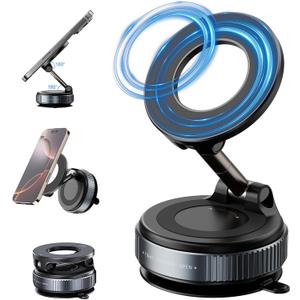 Vacuum Suction Magnetic Phone Holder for Car with 360 Degree Rotation, Handsfree Magnetic Phone Holder Mount for Smooth Surface,Foldable and Retractable Phone Holder for All Phones,Black