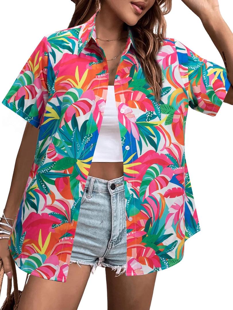 MYHALF Women Hawaiian Shirt Soft Cool Summer Hawaii Shirts Floral Tropic Print V Neck T-Shirt Short Sleeve Button Up Tops (X-Large)