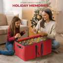 Large 128 Christmas Ornament Storage Box, Adjustable Compartment Dividers, Dual Zipper, Stackable Holiday Decorations Organizer with Lid, Xmas Durable Fabric Bin, Reinforced Handles Space-Saving (Red)