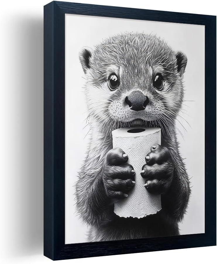Orvannaatr Bathroom Picture Wall Decor, Framed Black and White Wall Art,Toilet Paper, Hilarious, Funny Bathroom Animal Art Black and White Canvas Print Painting can be Hung Directly Frame (8"L x 10"W, Raccoon)