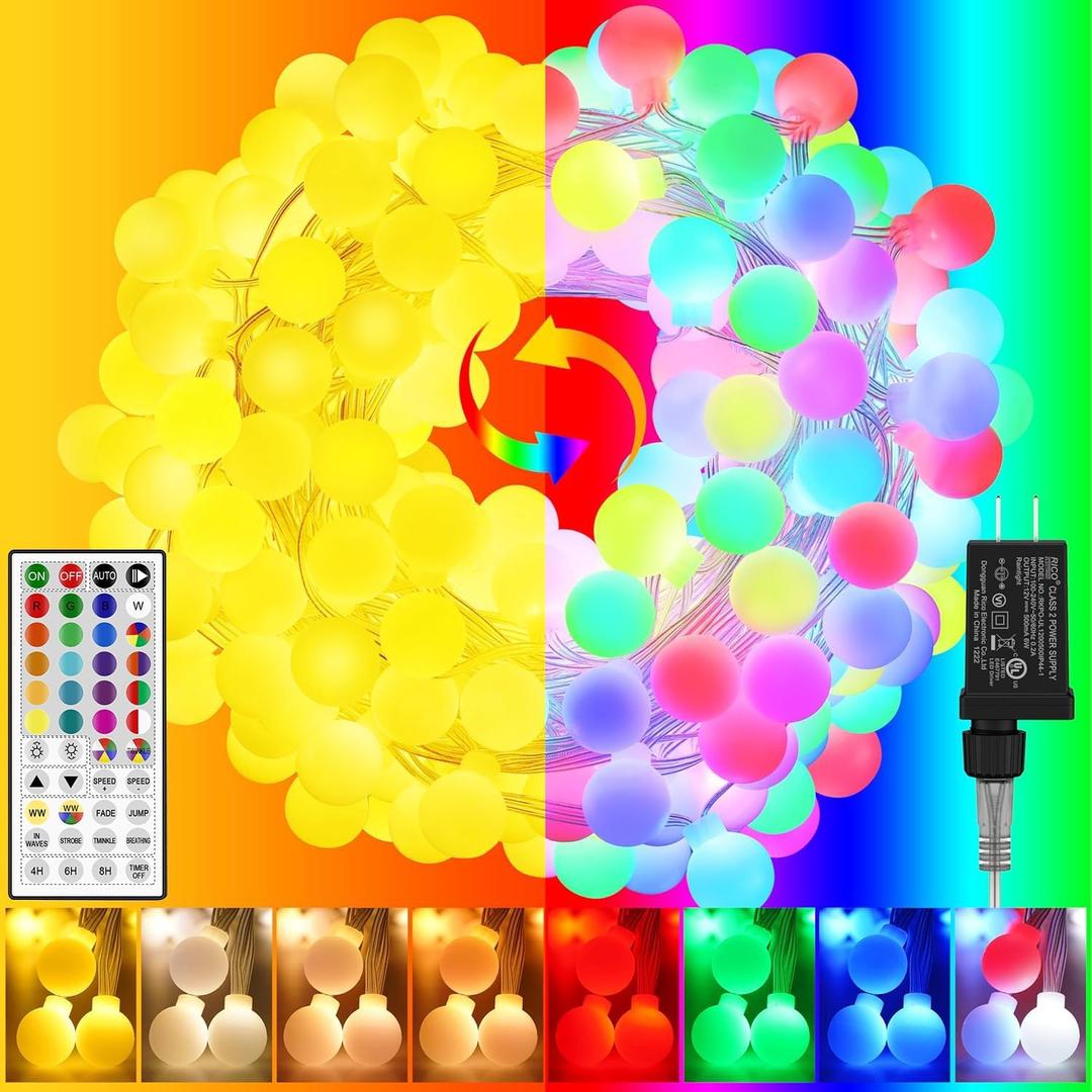 OMIKA Color Changing String Lights Plug in, 25 Colors 33FT 100LED RGB+Warm White Globe String Lights, Outdoor Christmas Globe Decorative Lights with Remote for Indoor Bedroom Party Garden Xmas Decor