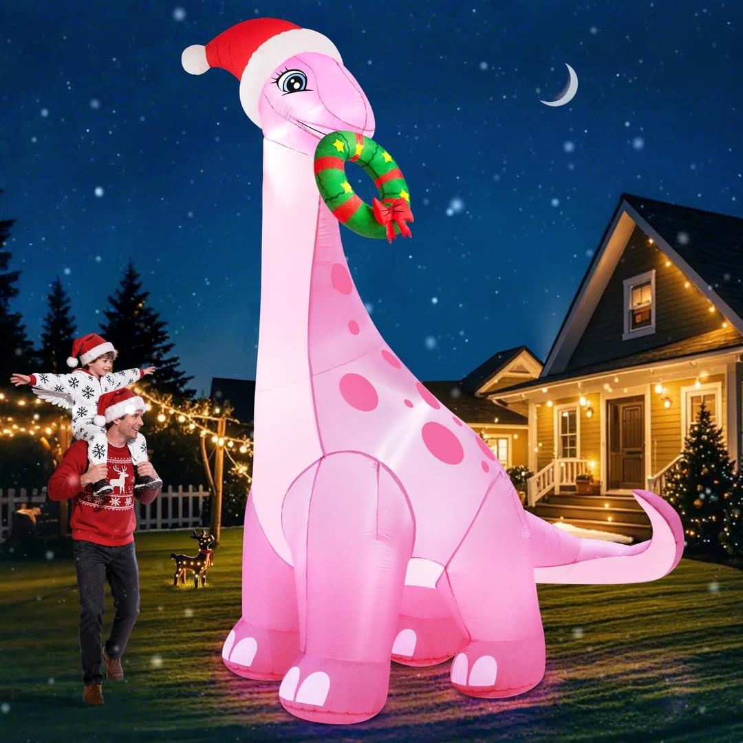 zukakii 12FT Giant Christmas Inflatables Decorations Outdoor Pink Dinosaur, Huge Christmas Blow Up Yard Decorations with Christmas Wreath Hat Build-in LED Light Strong Blower for Holiday Party Xmas