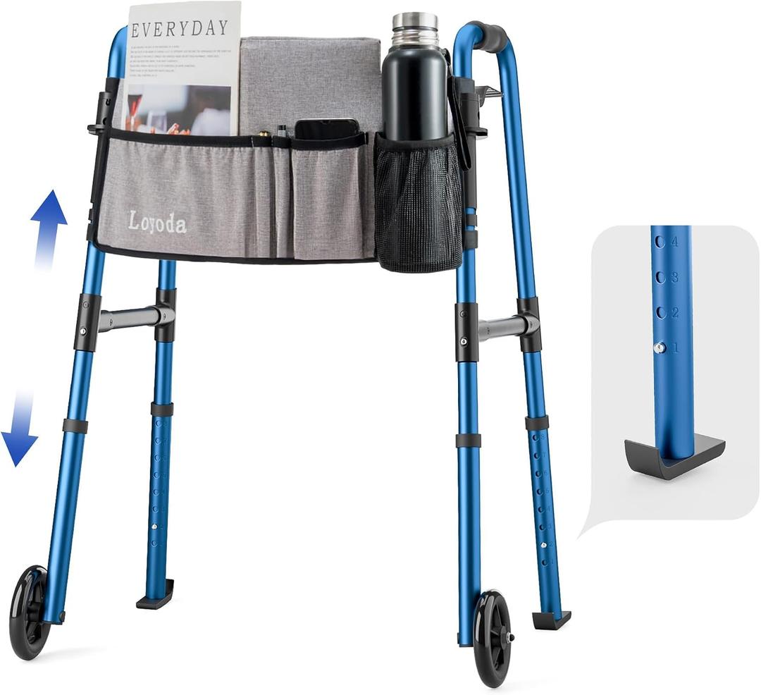 Loyoda Folding Walker for Seniors, Front Wheel Walker with Storage Bag & Rear Ski Glides, Height Adjustable, 350lbs Capacity, Blue