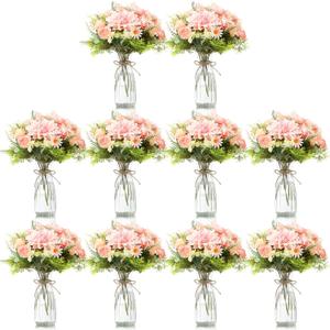 Reallnaive 30 Pack Artificial Flowers Table Centerpieces Decorations with Vase Wedding Mason Jar 20 Bundles Silk Floral Bouquet 10 Clear Vase with 1 Pcs Rope for Party Decor(Dahlia,Pink)