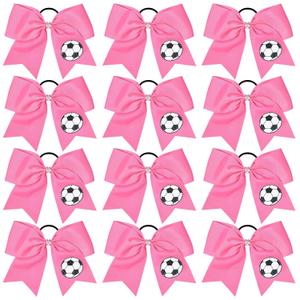 12PCS Soccer Bows 8" Soccer Cheer Bow Large Girls Hair Bows Cheerleading Bows Bulk Elastic Band Ponytail Holder for Teen College Football Competition-Pink