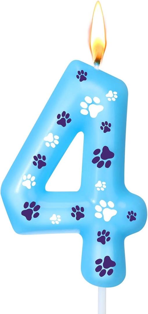 Number 4 Blue Dog Paw Birthday Candles Numeral Cake Topper Dog Paw Print Themed Candles for Boy Girl Blue Birthday Decoration Party Supplies