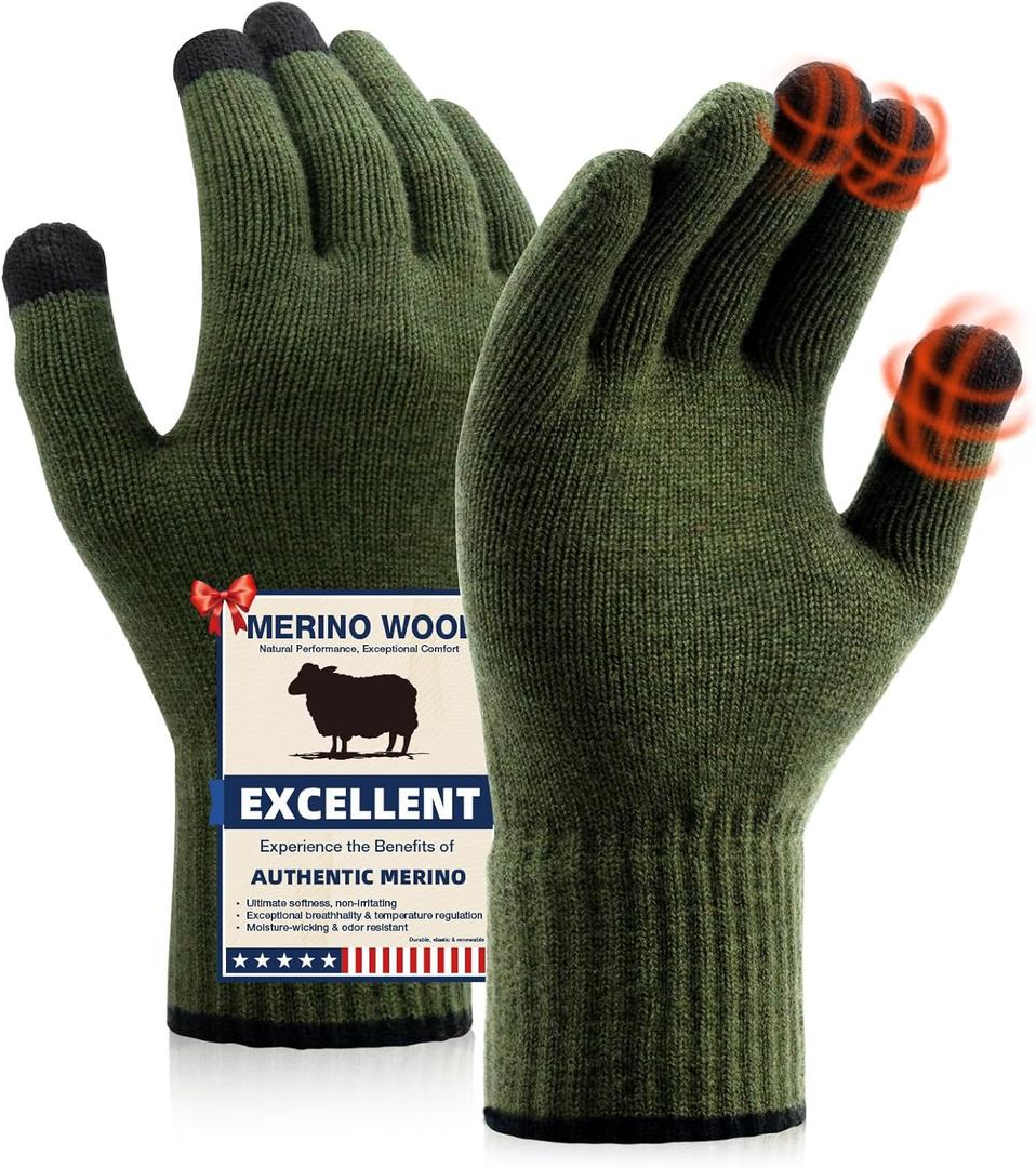Merino Wool Gloves for Men Women, Touch Screen Warm Glove Liners Thermal Soft Knit Lining for Winter Running Hiking (X-Large, C03-(olive Drab))