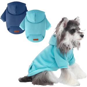 2 Pack Dog Hoodie Warm Hood Dog Sweater Cold Weather Small Dogs Sweatshirt Comfort Pet Clothes for  Dogs with Pockets Cats Chihuahua Clothes for Male Female Girl Boy Sporty Daily Wear (S (Back: 9.45", Chest: 14.9"), Navy+Blue)
