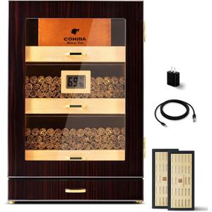 Woodronic Cigar Humidor, Spanish Cedar Cigar Humidor Cabinet with LED Light, Magnetic Door, Accurate Digital Hygrometer, Dividers and Cigar Accessory Drawer, Gift for Men100-150 Cigars