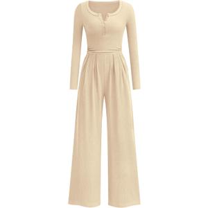 PRETTYGARDEN Jumpsuits for Women Dressy Casual 2026 Fall One Piece Outfits Long Sleeve Wide Leg Pants Romper Fashion Clothing (L)