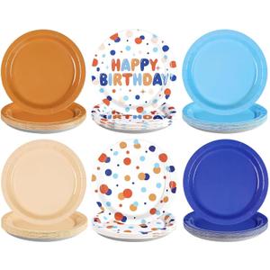 60Pcs Blue Cartoon Dog Birthday Party Supplies 9" Orange Blue Plates Puppy Tableware Set Disposable Colorful Polka Dots Paper Plates Dog Party Decorations for Kids Boys Girls Birthday Baby Shower