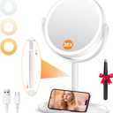 Auxmir Makeup Mirror with Lights, Double Sided 30X/1X Magnifying Mirror with Light, 3 Color Stepless Dimmable with Touch Screen, Rechargeable 360 Free Standing Vanity Mirrors for Bathroom, Bedroom