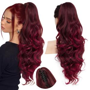 N NAYASA 24''Long Wavy Ponytail Extension, Burgundy Ombre Claw Clip Hair Piece, Long Curly Wavy Wine Red Ponytail Hair Extension Jaw Clip on Pony Tails Hairpiece for Women