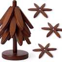 Wooden Trivets for Hot Dishes, Tree Shape Set, Best for Hot Dishes - 3 Wooden Trivets + 1 Stand stored Like a Christmas Tree (Deep Brown Wood)
