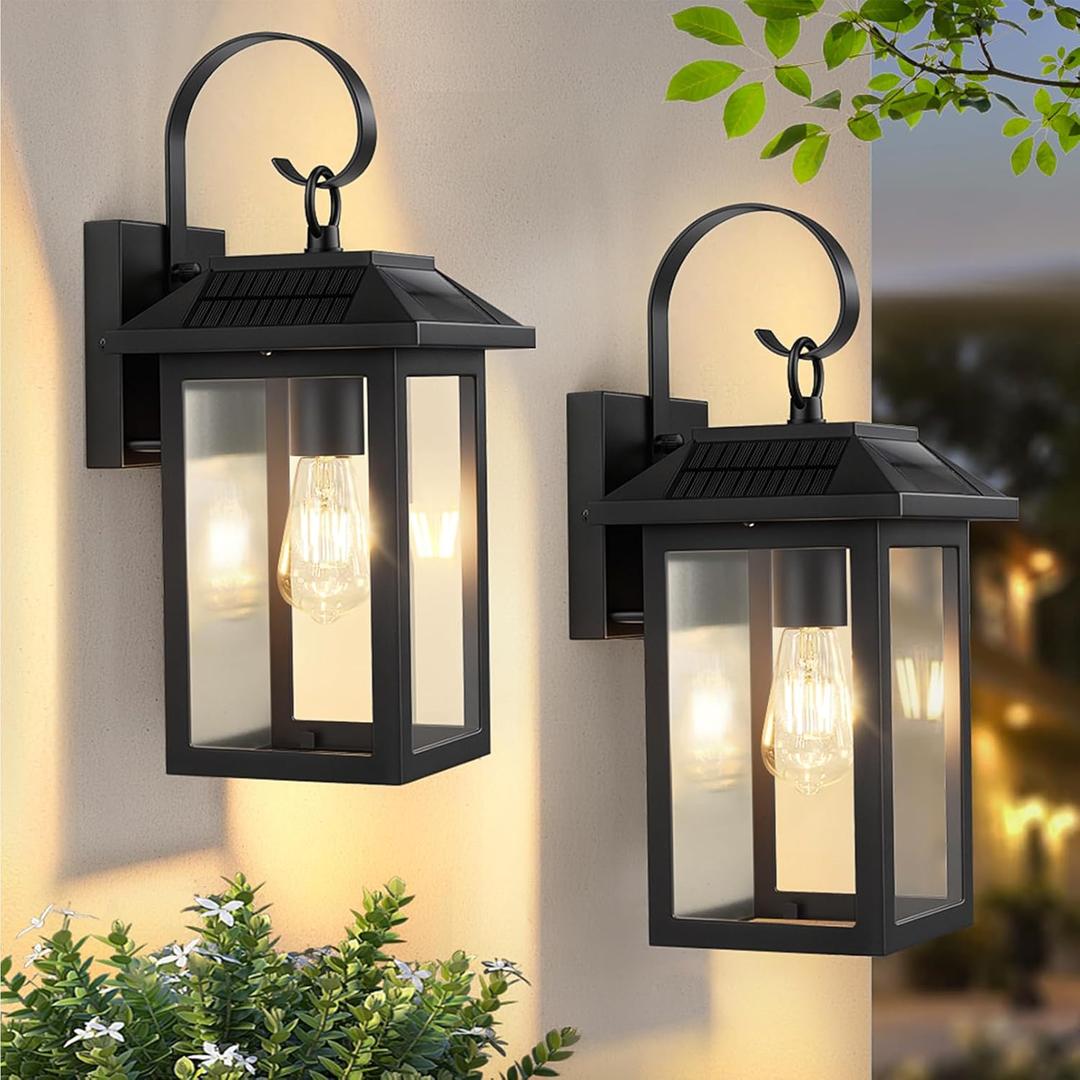 2 Pack Solar Outdoor Wall Lights, Dusk to Dawn Motion Sensor LED Sconce for Fence Front Door Waterproof, Exterior Porch Lamps Lanterns Wall Mount Patio Decorative, 2700K E26 Bulb Included