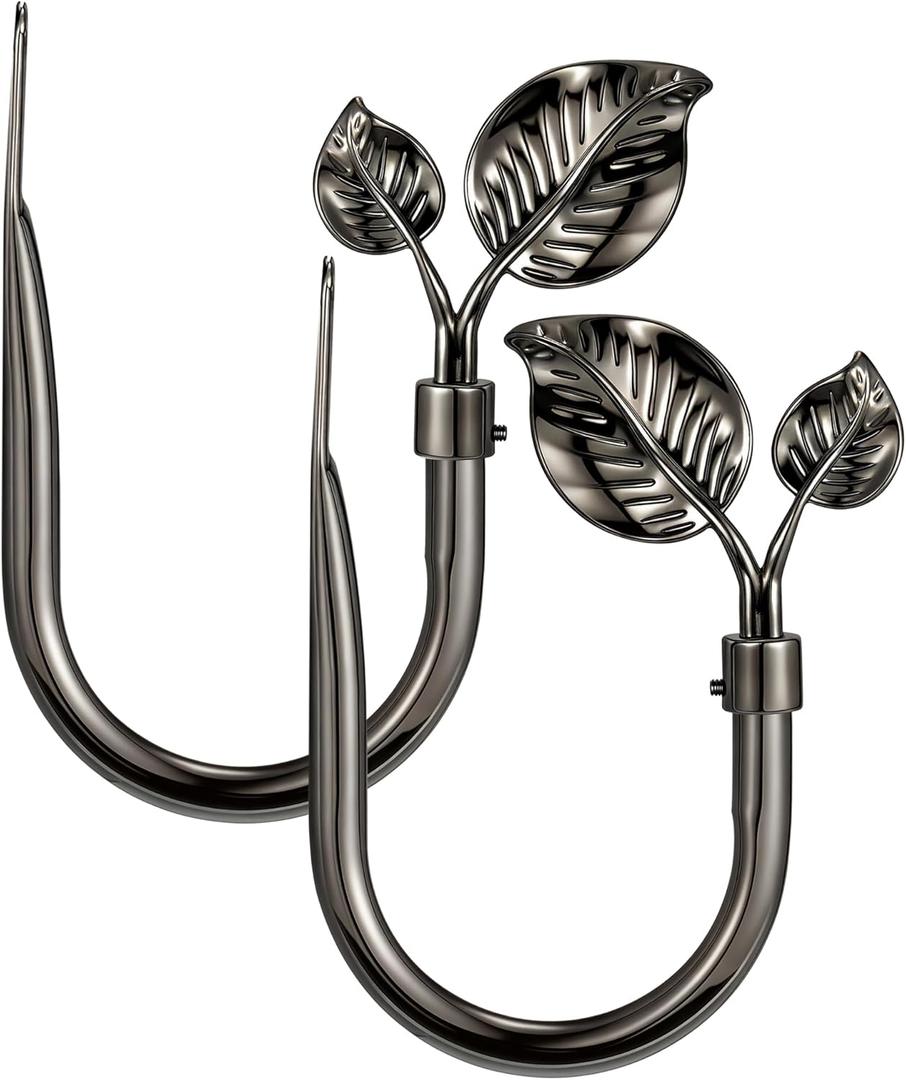 Leaf-Shaped Curtain Holdbacks 2pcs, Wall Mounted Alloy Curtains Side Holders, Curtain Tie Backs Hooks for Drapes Window Home Decoration, Brushed Black