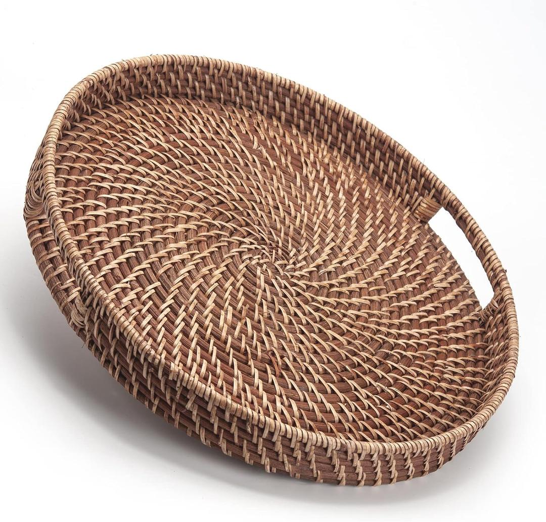 Round Rattan Woven Serving Tray with Handles Ottoman Tray for Breakfast, Drinks, Snack for Coffee Table, Home Decorative (16.9 inch, Honey Brown)