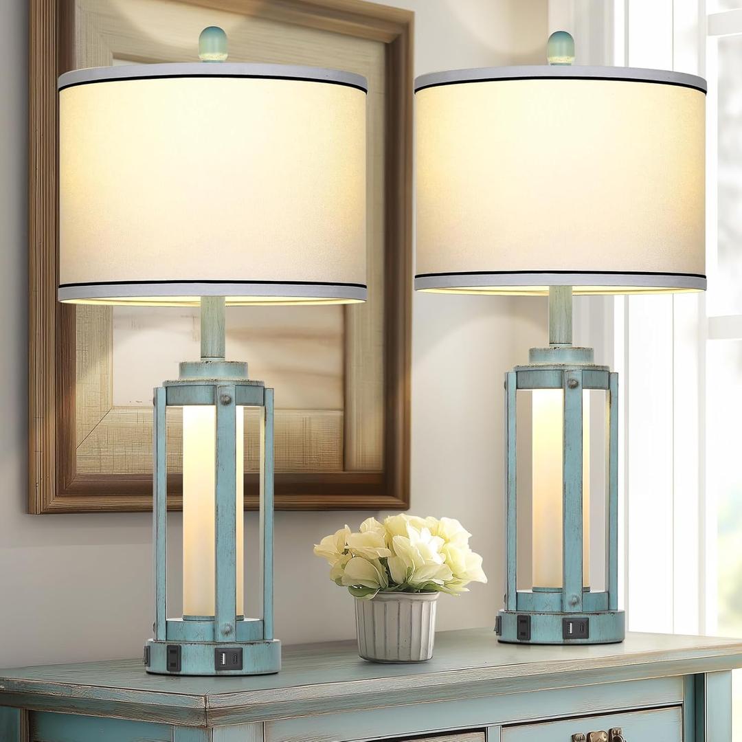 Table Lamp for Living Room, Vintage Rustic Industrial Farmhouse Lamps with USB A+C Charging Ports & AC Outlet, Beside Nightstand Metal Lamp with LED Night Light & Fabric Shade for Bedrooms (Turquoise)