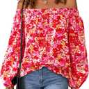 KIRUNDO Off The Shoulder Tops for Women 2026 Spring Summer Tops Boho Floral Blouse Long Sleeve Shirts Fashion Clothing (S)