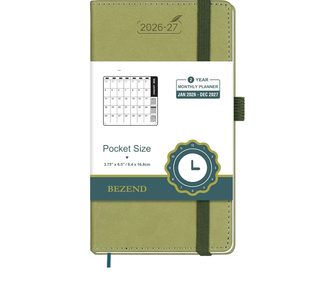BEZEND Pocket Monthly Planner 2026-2027 (3.5" x 6.5") 2 Year Calendar Book for Purse with Note Pages, 100 GSM Paper, Inner Pocket, Pen Holder, Vegan Leather Hardcover in Kiwi
