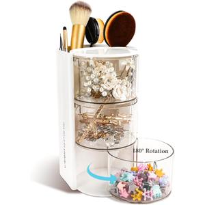 3-Tier Clear Hair Accessories Organizer with Hair Brushes Holder, Rotatable Drawer Makeup Sponge Holder Desktop Organizer Case for Makeup Brush Lipsticks Q-tip Cotton Swab Stationery (White)