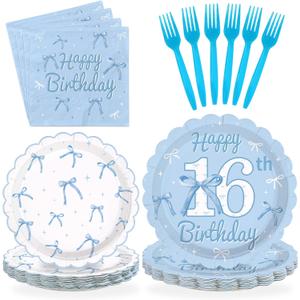 96Pcs Blue Bow 16th Birthday Party Supplies Blue White Birthday Scalloped Plates and Napkins Bow Themed Tableware Set for 16 Years Old Girls Bachelorette Party Decorations Serves 24