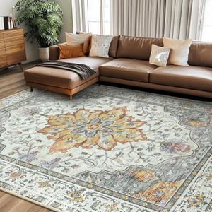 Area Rugs 8'x10' Washable Non-Slip, Floral Vintage Distress Print Pattern Medallion Carpet for Living Room Bedroom Dining Room, Light Yellow Carbon Grey Orange