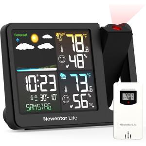 Newentor Projection Alarm Clock, Projection Clock for Bedroom Ceiling, Weather Station Thermometer with Projector Indoor Outdoor TEM&Hum, Forecast, Adjustable Backlight, Black with Red Projector
