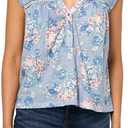 Lucky Brand Womens Printed Lace Trim Henley Tee (Medium, Blue Floral)