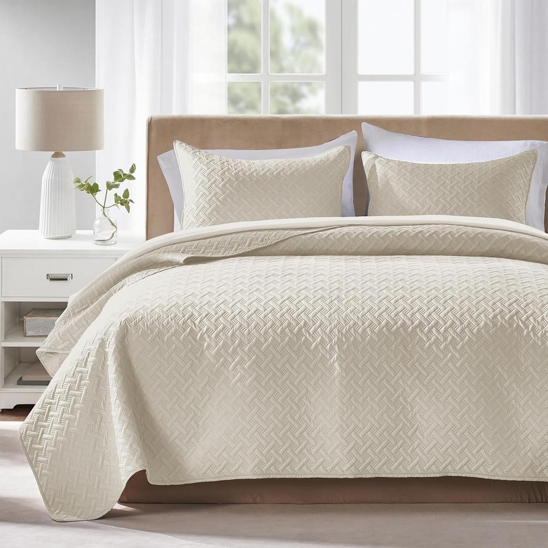 FLYMME Beige King Quilt Bedding Set Thin Lightweight Bedspreads,Modern Style Geometric Weave Stripe Pattern,Soft Microfiber Bed Coverlet for All Season (1 Quilt, 2Shams)