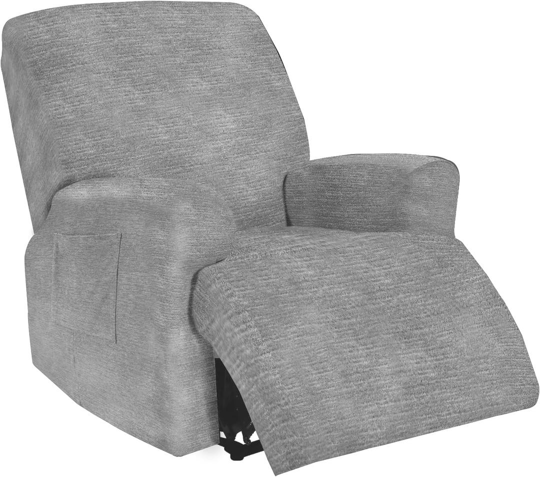 maycelon Recliner Covers, Stretch Reclining Chair Covers, Recliner Sofa Slipcovers Stripe Jacquard Recliner Couch Covers Furniture Protector Covers for Pet Kid Good Choice for All SeasonsGray (Large, Grey)