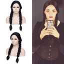 28" Long Black Two Braid Wig For Women Girls Heat Resistant Fiber Wigs Halloween Cosplay Daily Party +Cap (Adult, Black)