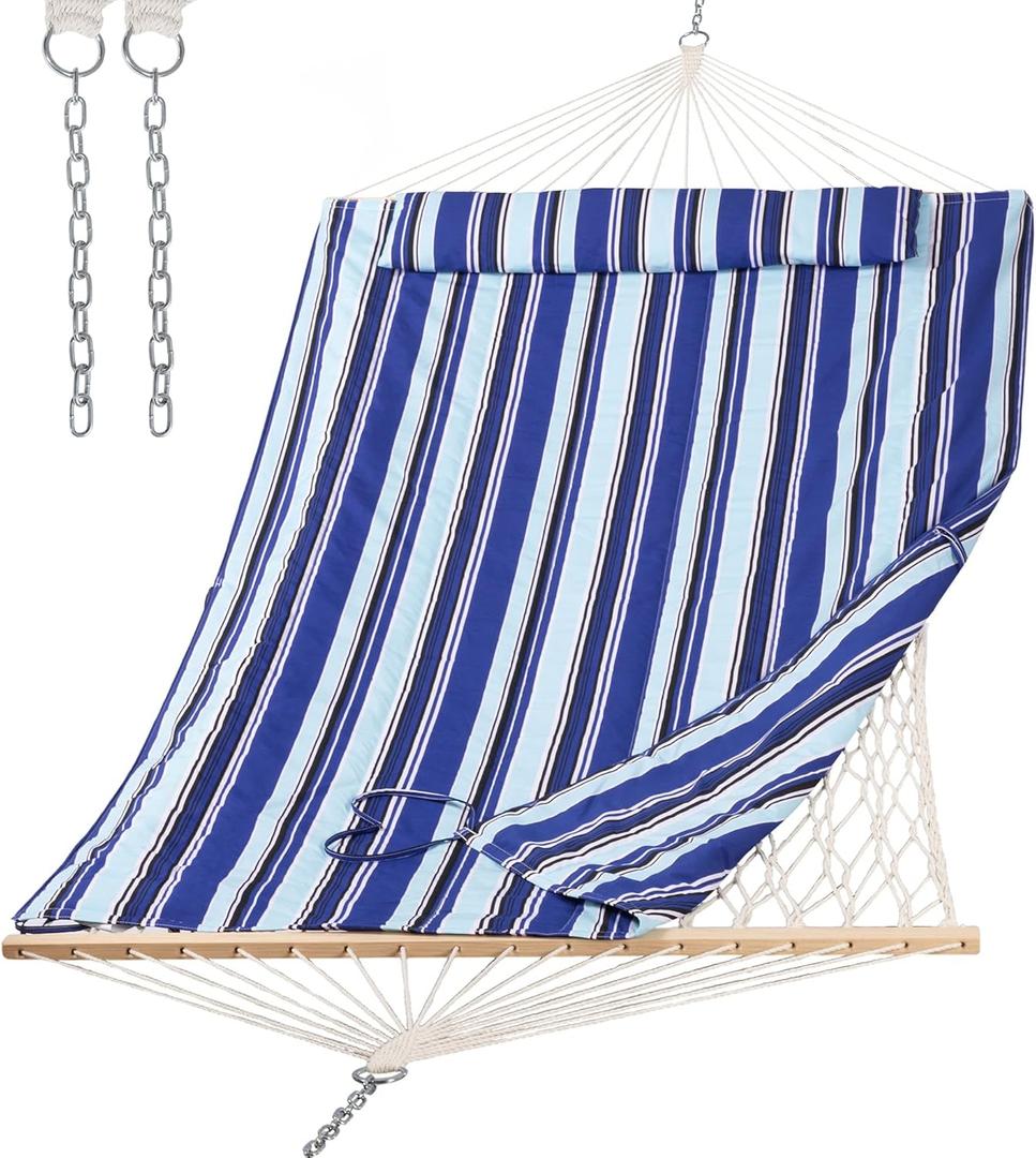 SUNCREAT 2 Person Hammock with Hardwood Spreader Bar, Outdoor Rope Hammock with Polyester Pad, 475 lbs Capacity, Blue Stripes