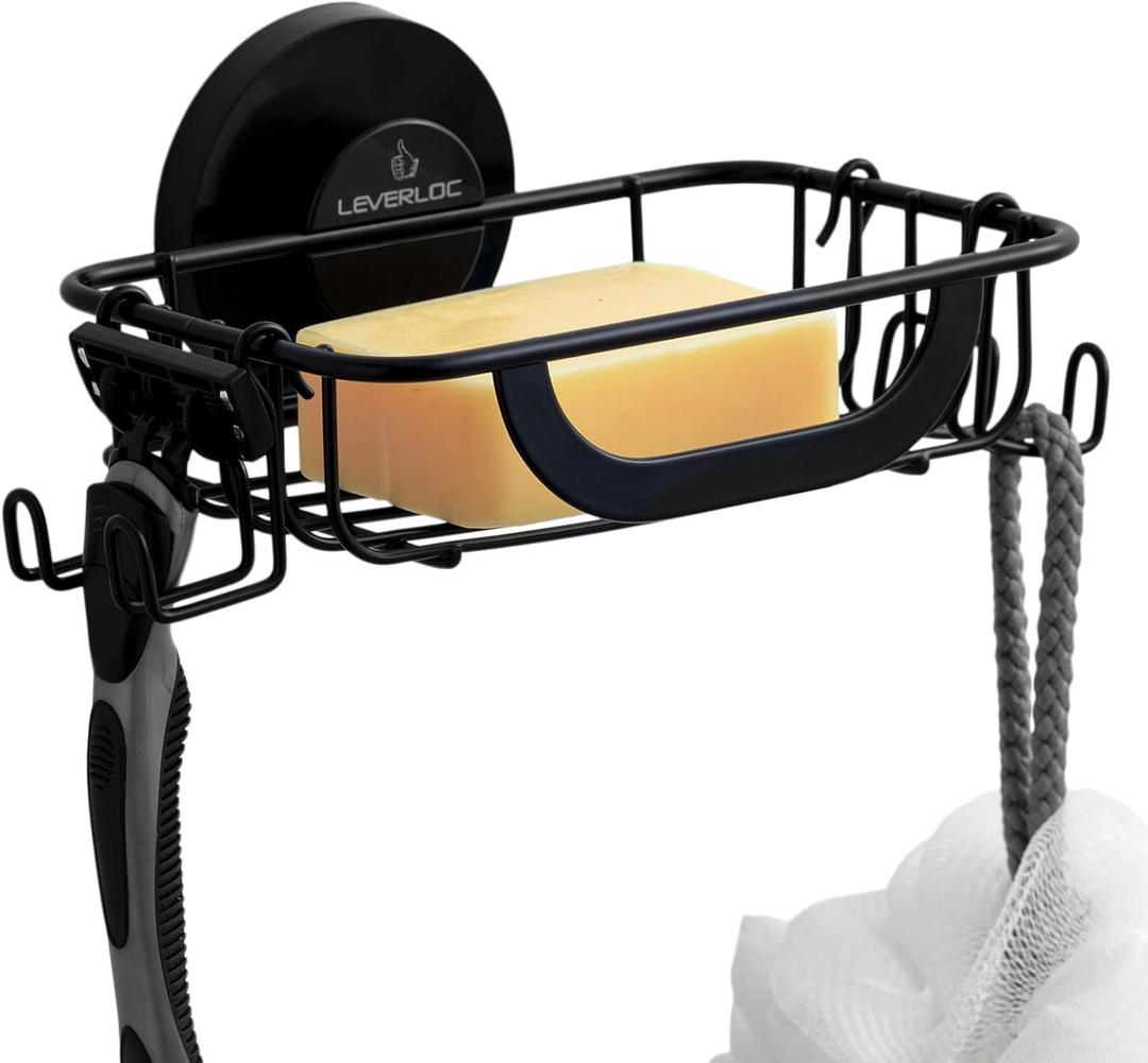 LEVERLOC Soap Holder Dish for Shower Wall, Bar Suction Cup Soap Saver Tray with Hooks, Rust Proof Draining Stainless Steel for Bathroom Bathtub Kitchen Sink & Bath Organizers, Black (5.6" * 4.6")