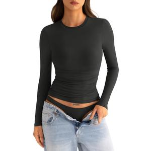 EasyGala Women's Double Lined Long Sleeve Shirts Crewneck Ruched Top Tight Fitted Basic Tee Fall Going Out Outfits 2026 (Medium, Black)