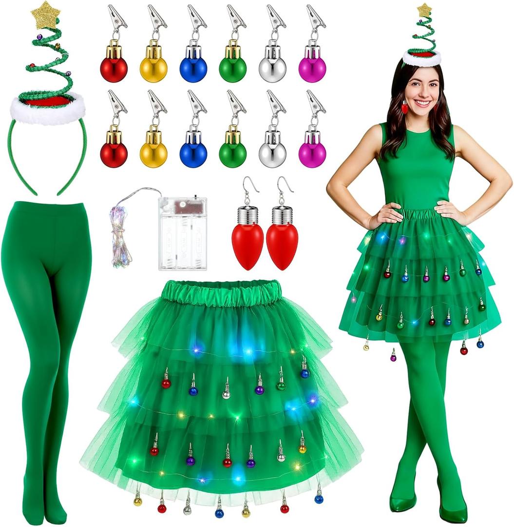 Janmercy 23 Pcs Christmas Tree Costume Set for Women Xmas Tree Costumes Accessories with Green Tutu Skirt Dress Headband Bulb Earrings Christmas Ball Clips Green Socks for Xmas Outfit Costume Cosplay