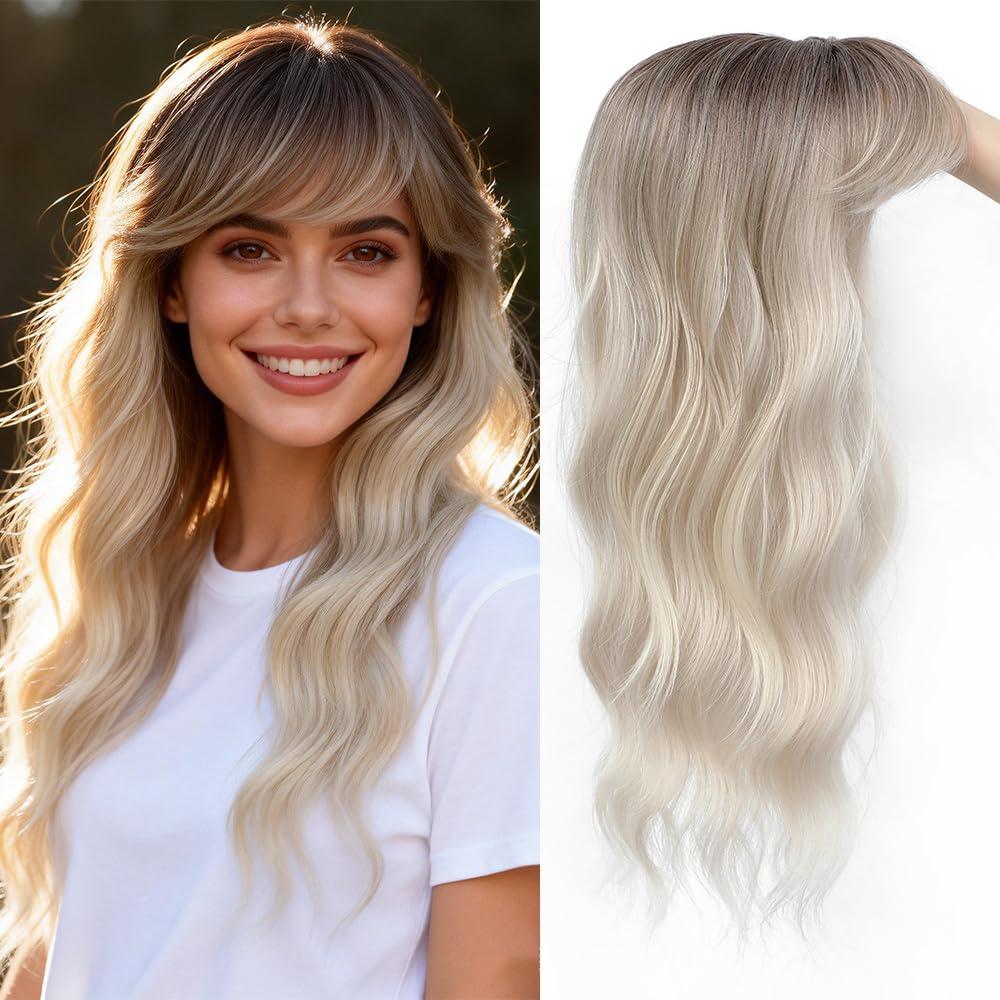 HAITOO Hair Toppers for Women, 20 Inch Toppers Hair Pieces for Women with Thinning Hair Wispy Clip in Bangs 360° 3D Big Coverage Base Curly Wavy (Ombre Light Blonde with Dark Root, 20Inch Wispy bangs)
