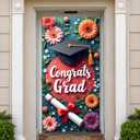 Graduation Door Cover with Hanging Rope 70x35 Inch Pink Floral Durable Fabric Congrats Grad Banner Photo Booth Backdrop for High School College Party Decorations Girls Daughter Women