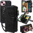 Harryshell Compatible with iPhone 14 / iPhone 13 6.1 inch 5G Wallet Case Detachable Magnetic Cover Zipper Cash Pocket Multi Card Slots Holder Wrist Strap Lanyard Floral Flower (Black)